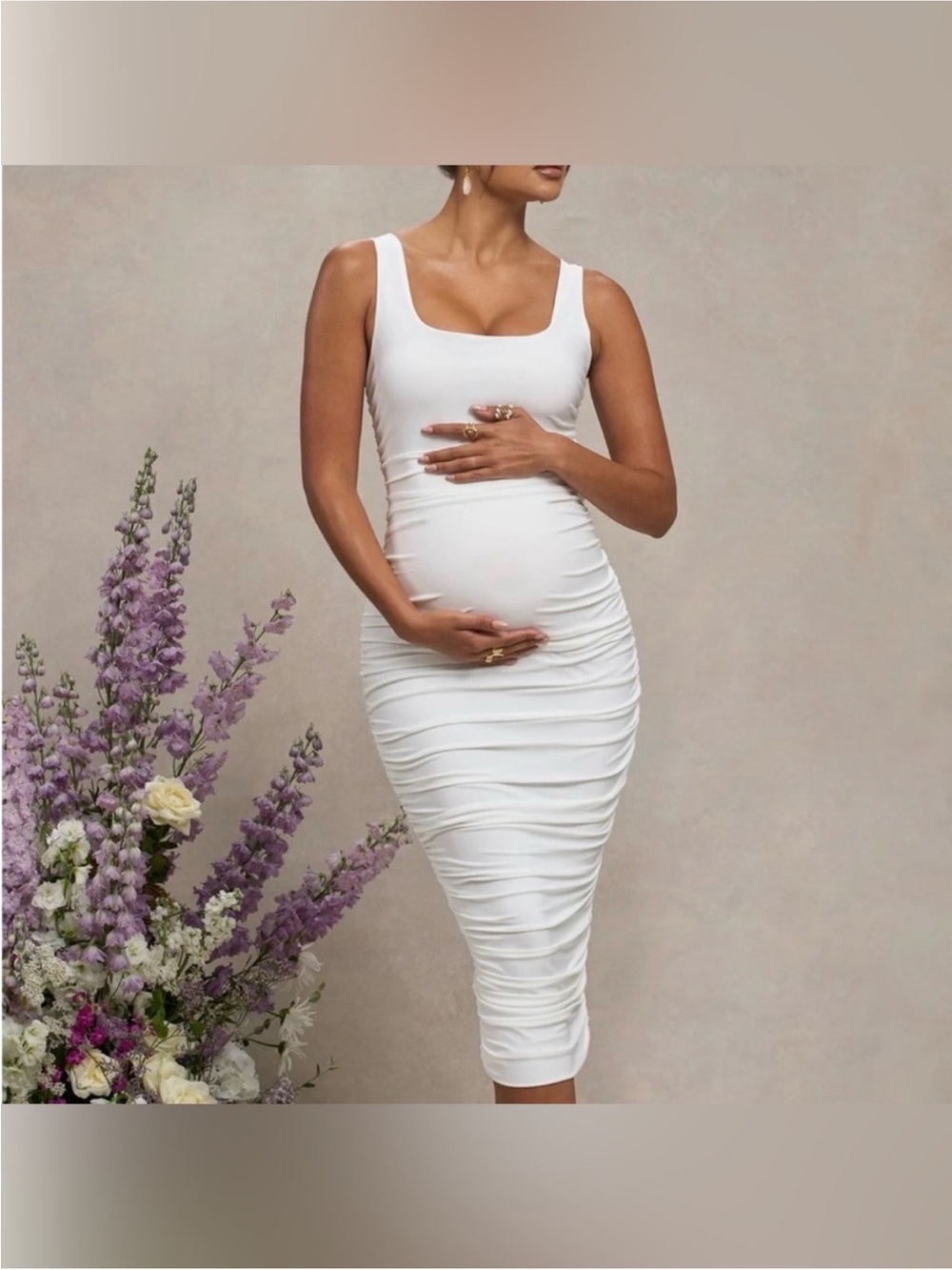 NWT Club L London Lisbon White Maternity Square Neck Ruched Midi Dress SZ 8